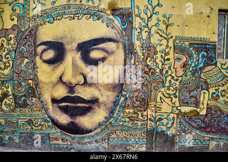 Murale colorato su un muro di una vecchia casa nel centro storico di Shiraz, Iran. Foto Stock