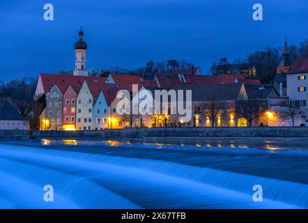 Landsberg am Lech by night, Lechwehr, alta Baviera, Baviera, Germania, Europa Foto Stock