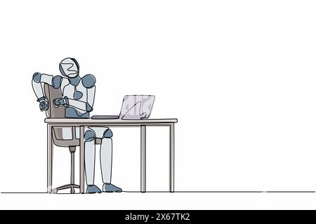 Un unico disegno a linea continua ha spaventato il robot guardando lo schermo del computer portatile. Moderna intelligenza artificiale robotica. Industria della tecnologia elettronica. Illustrazione Vettoriale