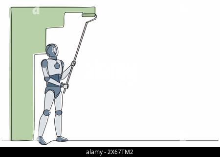 Una sola linea disegna robot pittore decoratore riparatore persone al lavoro. Sviluppo tecnologico futuro. Intelligenza artificiale e apprendimento automatico. Illustrazione Vettoriale