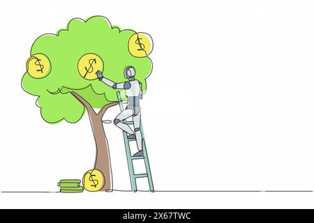 Linea singola continua che disegna robot che prelevano dollari dall'albero dei soldi. Moderna intelligenza artificiale robotica. Industria della tecnologia elettronica. Dinamica Illustrazione Vettoriale