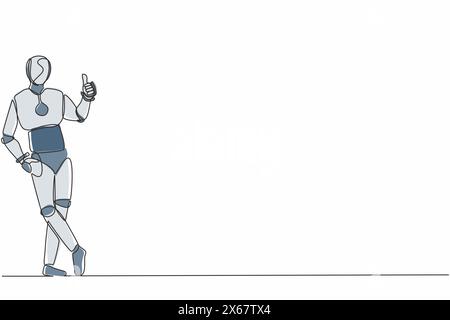 Un'unica linea disegna il robot in piedi o inclinato con il movimento dei pollici verso l'alto. Sviluppo tecnologico futuro. Intelligenza artificiale e apprendimento automatico. Illustrazione Vettoriale