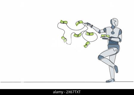 Un robot continuo che disegna una sola linea getta una pila di banconote che volano in aria. Organismo cibernetico robot umanoide. Sviluppo futuro della robotica Illustrazione Vettoriale