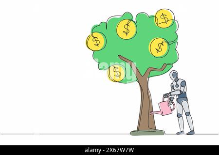 Linea singola continua che disegna l'albero di irrigazione robotizzato con il simbolo del dollaro delle monete. Crescita dei profitti. Intelligenza artificiale robotica. Tecnologia elettronica. Acceso Illustrazione Vettoriale