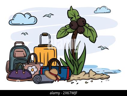 Vacanze estive e turismo. Brillante illustrazione vettoriale modificabile con mare, spiaggia, palme, valigie e borse Illustrazione Vettoriale