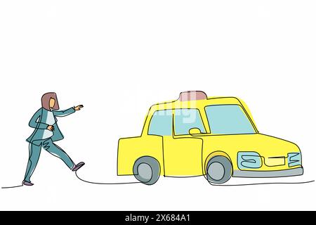 Una donna d'affari continua a tirare una fila inseguendo cerca di prendere un taxi. Affrettati a correre per prendere un'auto, un'auto pubblica gialla per passeggeri. Gli affari si sono incontrati Illustrazione Vettoriale