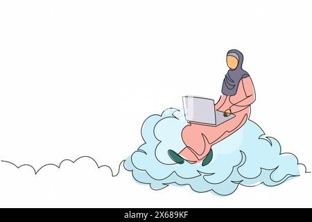 Una linea continua che attira una donna d'affari araba seduta sul cloud con un computer portatile. Connessione wireless. Social networking con archiviazione cloud. S Illustrazione Vettoriale