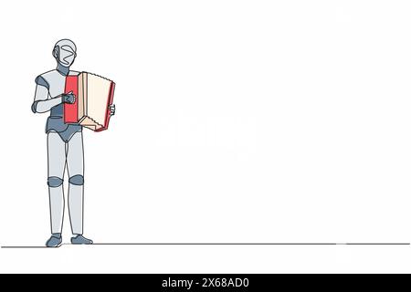 Una sola linea disegna un robot musicista che suona la fisarmonica. Fisarmonicista si esibisce sul palco. Sviluppo tecnologico futuro. Intelligenza artificiale. Conti Illustrazione Vettoriale