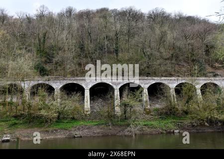 Il viadotto in mattoni che un tempo trasportava la Severn Valley Railway lungo il fiume Severn a Ironbridge, Shropshire, Gran Bretagna Foto Stock