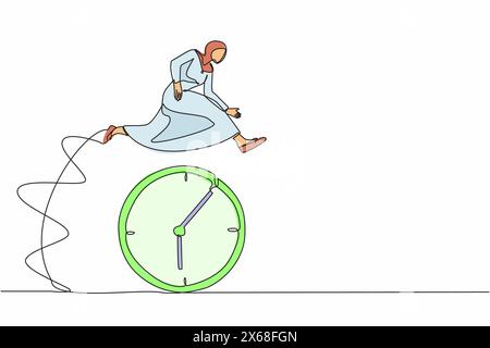 Una linea continua che disegna una donna d'affari araba saltare sul tempo passando l'orologio. Pianificazione delle attività, efficacia del lavoro. Buona gestione del tempo, pianificazione. S Illustrazione Vettoriale