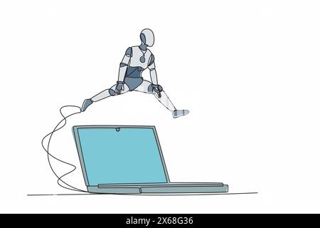Un unico robot che disegna una sola linea saltando su un grande computer portatile. Tecnologia informatica per sistemi per ufficio digitale. Intelligenza artificiale della tecnologia del futuro Illustrazione Vettoriale