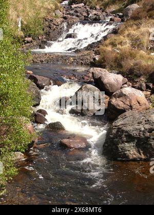 Il sole della tarda primavera brilla sull'acqua color torba mentre scorre su una piccola cascata di rocce nelle Highlands scozzesi. Foto Stock