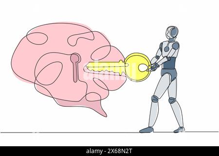 Un robot di disegno a linea continua singola che inserisce la chiave nel cervello. Sblocca la personalità per una salute migliore. Mente aperta. Moderna intelligenza artificiale robotica. Illustrazione Vettoriale