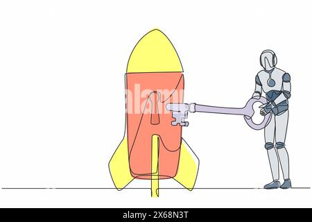Una linea continua che disegna il robot inserendo la chiave nel razzo. Lancio di un nuovo prodotto per il business tecnologico. Riavviare il progetto aziendale. Intell artificiale robotizzato Illustrazione Vettoriale