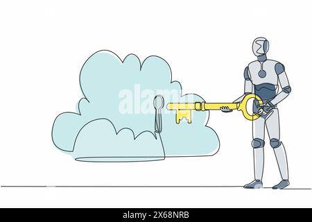 Robot di disegno continuo su una sola linea che inserisce una grande chiave nel cloud. Archiviazione di sicurezza, blocco password autenticazione di sicurezza. Organis cibernetica robot umanoide Illustrazione Vettoriale