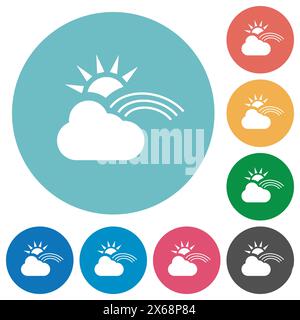 Con il sole e l'arcobaleno, icone bianche piatte su sfondi di colore rotondo Illustrazione Vettoriale