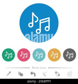 Le note musicali evidenziano icone bianche piatte su sfondi di colore rotondo. 6 icone bonus incluse. Illustrazione Vettoriale