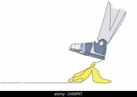 Una linea continua che disegna il passo della gamba del robot sulla buccia di banana aziendale. Pericolo imminente, buccia di banana sotto i piedi. Rischio aziendale. Robotica umanoide cibernetica Illustrazione Vettoriale