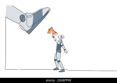 Robot di disegno a linea singola continua che parla con megafono sotto una scarpa gigante. Stivale di una macchina militare che calpesta il robot. Intelligenza artificiale robotica Illustrazione Vettoriale