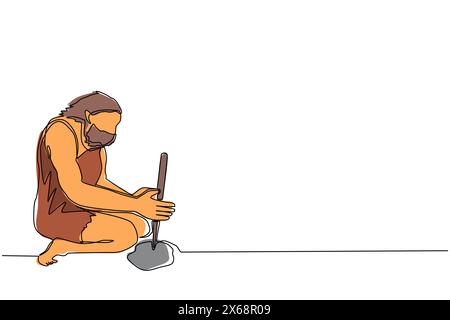 Una sola linea disegna un uomo preistorico che fa fuoco strofinando ramoscelli. Persone primitive che iniziano il falò con un trapano manuale. Linea continua moderna d Illustrazione Vettoriale