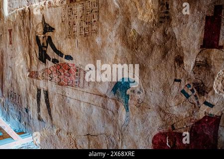 Geroglifici nella tomba di Mountain of Dead nell'oasi di Siwa, Egitto Foto Stock