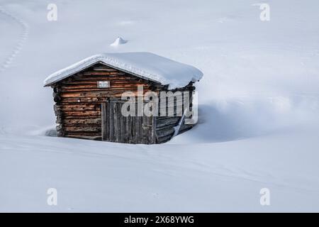 Italia, Veneto, provincia di Belluno, Rocca Pietore, tradizionali capanne in legno a Franzei, paesaggio innevato, Dolomiti Foto Stock
