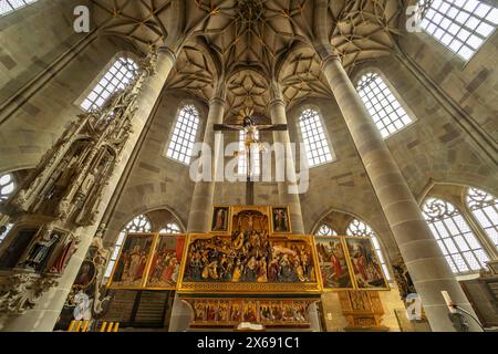 Altare maggiore passione e risurrezione di Gesù nella chiesa parrocchiale protestante di S.. Michael, Schwäbisch Hall, Baden-Württemberg, Germania Foto Stock