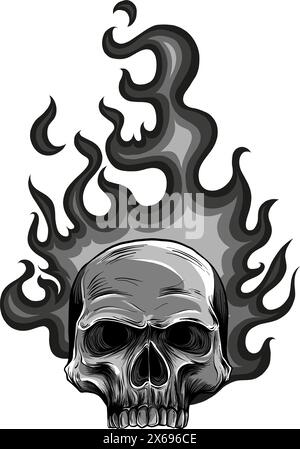 Cranio sul fuoco con Flames Vector Illustration. cranio fuoco bianco e nero Illustrazione Vettoriale