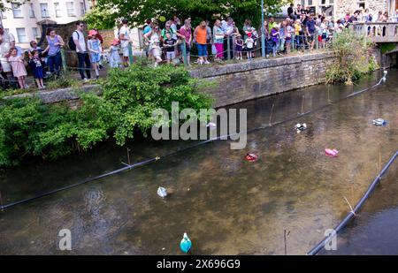 Spettatori che guardano una corsa di anatre con anatre di gomma che galleggiano in un fiume durante un evento festoso della comunità Foto Stock