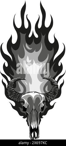 Illustrazione monocromatica del cranio con sfondo bianco fiamma Illustrazione Vettoriale