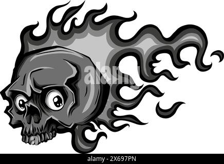 Cranio sul fuoco con Flames Vector Illustration. cranio fuoco bianco e nero Illustrazione Vettoriale