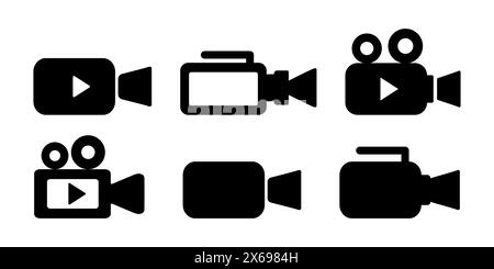 Icone della videocamera della raccolta. Videocamera, videocamera, pulsante di riproduzione. Icone multimediali in nero su sfondo bianco. Per la produzione video e vlogg Illustrazione Vettoriale