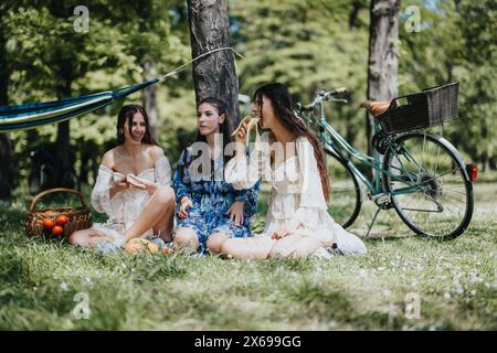 Tre sorelle gioiose che si godono un picnic nel parco con frutta fresca e una bicicletta nelle vicinanze Foto Stock