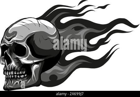 Cranio sul fuoco con Flames Vector Illustration. cranio fuoco bianco e nero Illustrazione Vettoriale