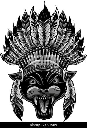 Pantera monocromatica nera, puma. Capo di animale. Ritratto di gatto selvatico. Headdress indiano con le piume. Illustrazione Vettoriale
