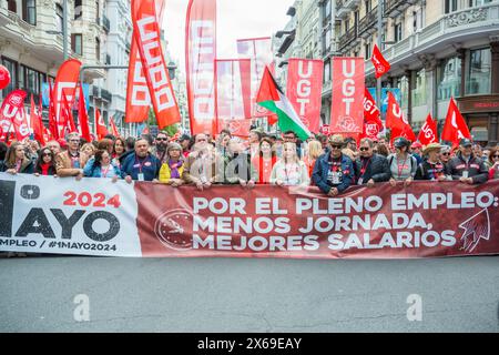 Pepe Alvarez, Maria Jesus Montero e Marina Prieto, visti prima della tradizionale manifestazione della giornata internazionale del lavoro organizzata dai sindacati, CCOO, Comisiones Obreras, commissioni dei lavoratori, UGT, Union General de Trabajadores, nel centro di Madrid, Spagna, 1° maggio 2024 Foto Stock