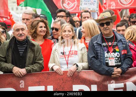 Pepe Alvarez, Maria Jesus Montero e Marina Prieto, visti prima della tradizionale manifestazione della giornata internazionale del lavoro organizzata dai sindacati, CCOO, Comisiones Obreras, commissioni dei lavoratori, UGT, Union General de Trabajadores, nel centro di Madrid, Spagna, 1° maggio 2024 Foto Stock