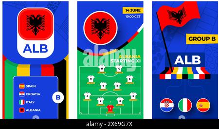 Albania calcio squadra 2024 banner verticale impostato per i social media. Banner calcio 2024 con gruppo, spilla, programma delle partite e line-up sul campo da calcio Illustrazione Vettoriale