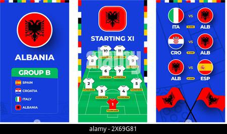 Albania squadra calcio 2024 banner verticale impostato per i social media. Set banner calcio 2024 con gruppo, spilla, programma delle partite e line-up sul calcio Illustrazione Vettoriale