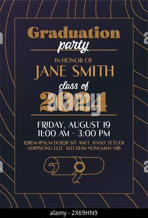 Nero con glitter dorato di lusso invito alla festa per laureati 2024 Illustrazione Vettoriale