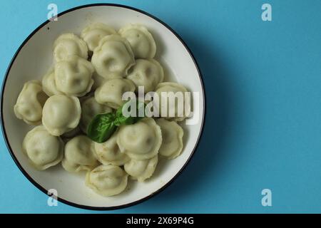 Gnocchi in un piatto con verde basilico su sfondo blu con spazio per testo copyspace. Il concetto di cibo slavo. Foto Stock