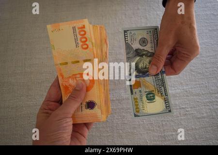 Cambio di dollari USA con pesos argentini, simbolo dell'inflazione in Argentina Foto Stock