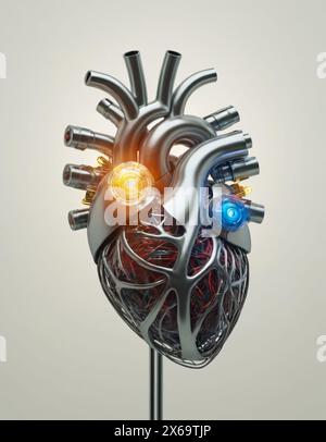 Cuore umano, rappresentazione futuristica di un trapianto bionico artificiale di plastica, metallo e fili Foto Stock