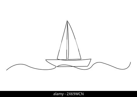 Barca a vela minimalista con opere d'arte su onde, design semplice Illustrazione Vettoriale