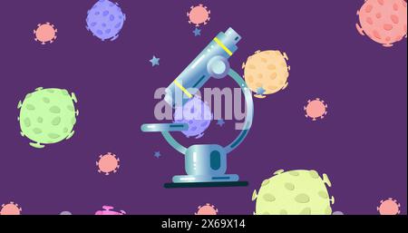 Immagine di cellule covid 19 colorate cadute al microscopio Foto Stock