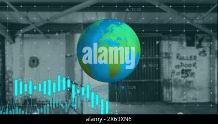 Immagine di grafici, griglie con icone che si muovono sul globo blu contro gli interni del vecchio edificio Foto Stock