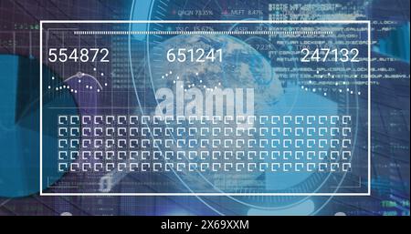 Immagine dell'elaborazione dei dati statistici sullo scanner rotondo e globo rotante su sfondo blu Foto Stock