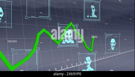 Immagine della linea verde e dell'elaborazione dei dati finanziari su foto biometriche Foto Stock