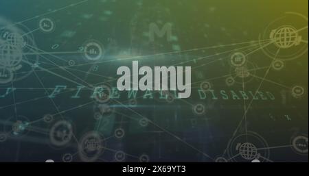 Immagine delle icone collegate su testo, lettere, simboli e numeri sullo sfondo astratto Foto Stock