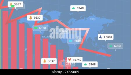 Immagine di grafici, barre di notifica e numeri con mappa su sfondo blu Foto Stock